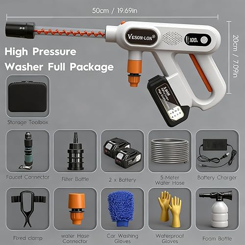 Miniatura 2 de Kit de lavadora a presión portátil inalámbrica, motor sin escobillas de 300 W, 3 niveles de potencia con 2 baterías de 18 V y boquilla 5 en 1 y