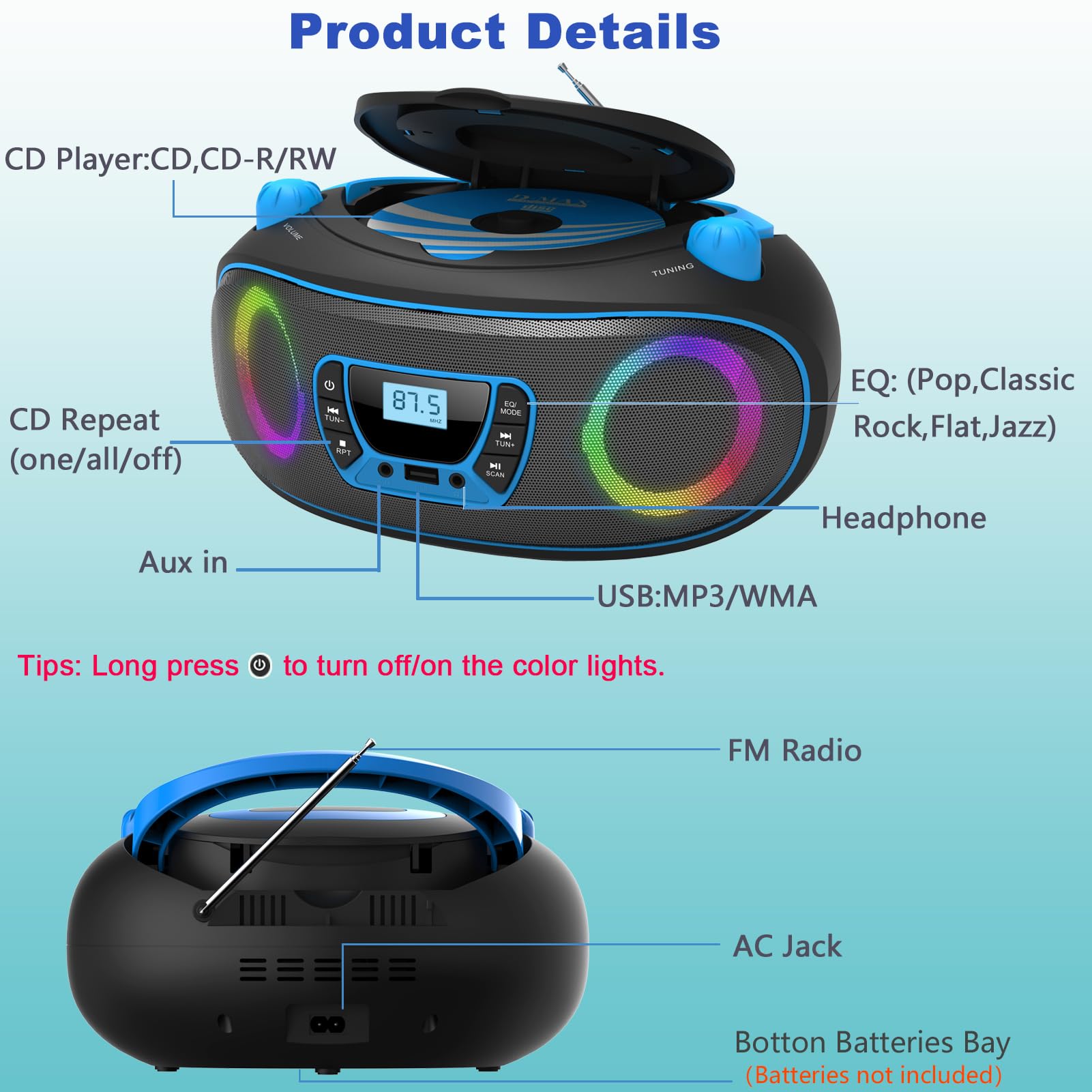Reproductor de CD portátil Boombox, Bluetooth, Radio FM, USB, reproducción de MP3, Compatible con CD-R/CD-RW, Radio y Reproductor de CD