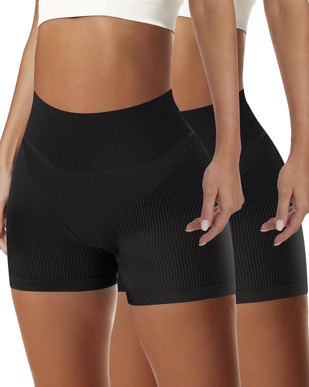 AURUZA 2PCS Workout Shorts Women, High Waist Biker Seamless Ribbed Athletic Yoga Gym Shorts Leggings, Blue, Solid