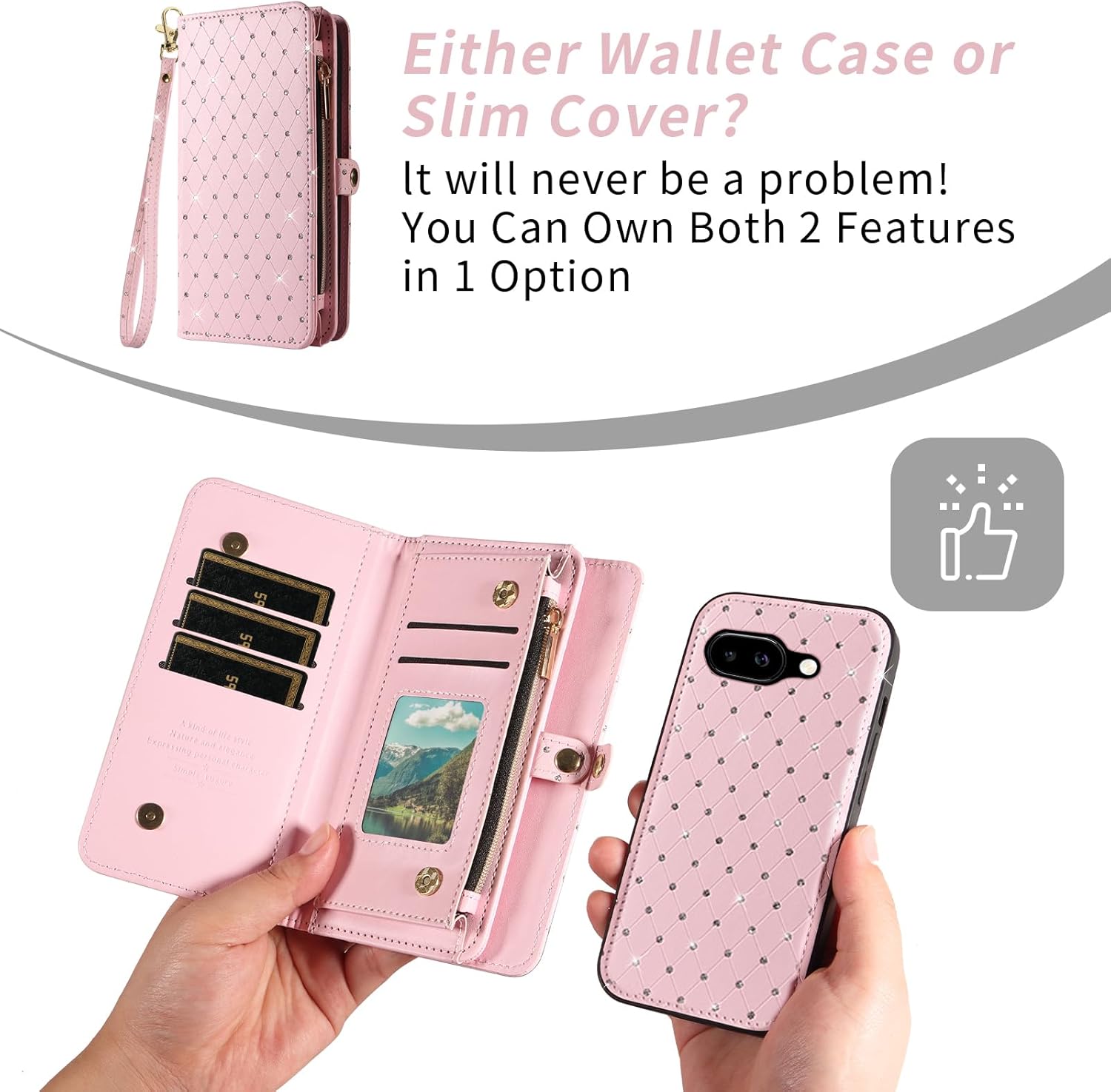 Phone Case for Google Pixel 9A Zipper Wallet Detachable Cell Cover with Tempered Glass Screen Protector Crossbody Lanyard Strap Bling Glitter Flip Card Holder Slot Pixel9A A9 5G Women Girls Pink