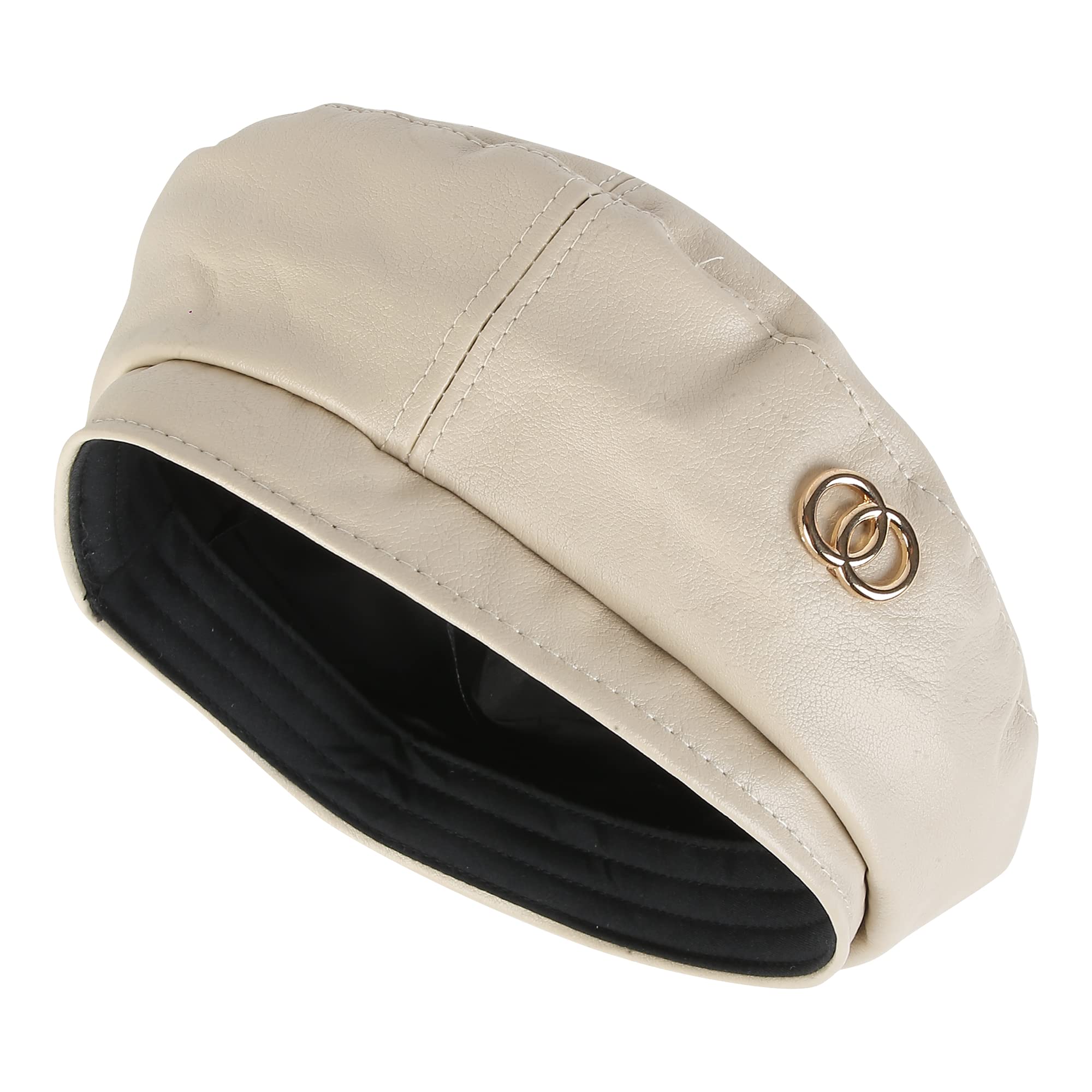 iSWEVEN French Beret Cap All Season Unisex Artist Newsboy Hats, Ascot PU Leather British Style Adjustable Women's Caps, WBC8113B (Cream, Free Size) - Image 2 thumbnail