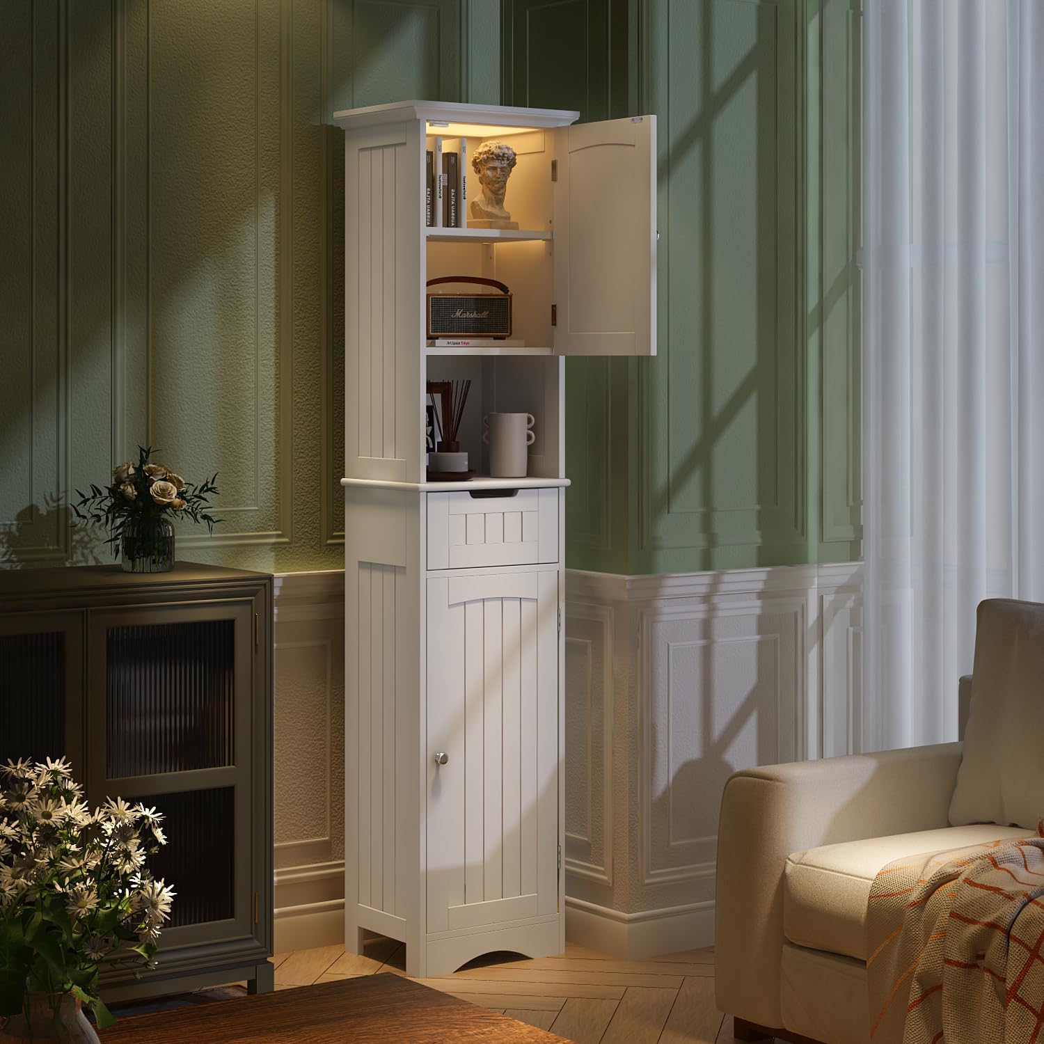 ChooChoo 67-inch tall freestanding bathroom storage cabinet in a bathroom setting