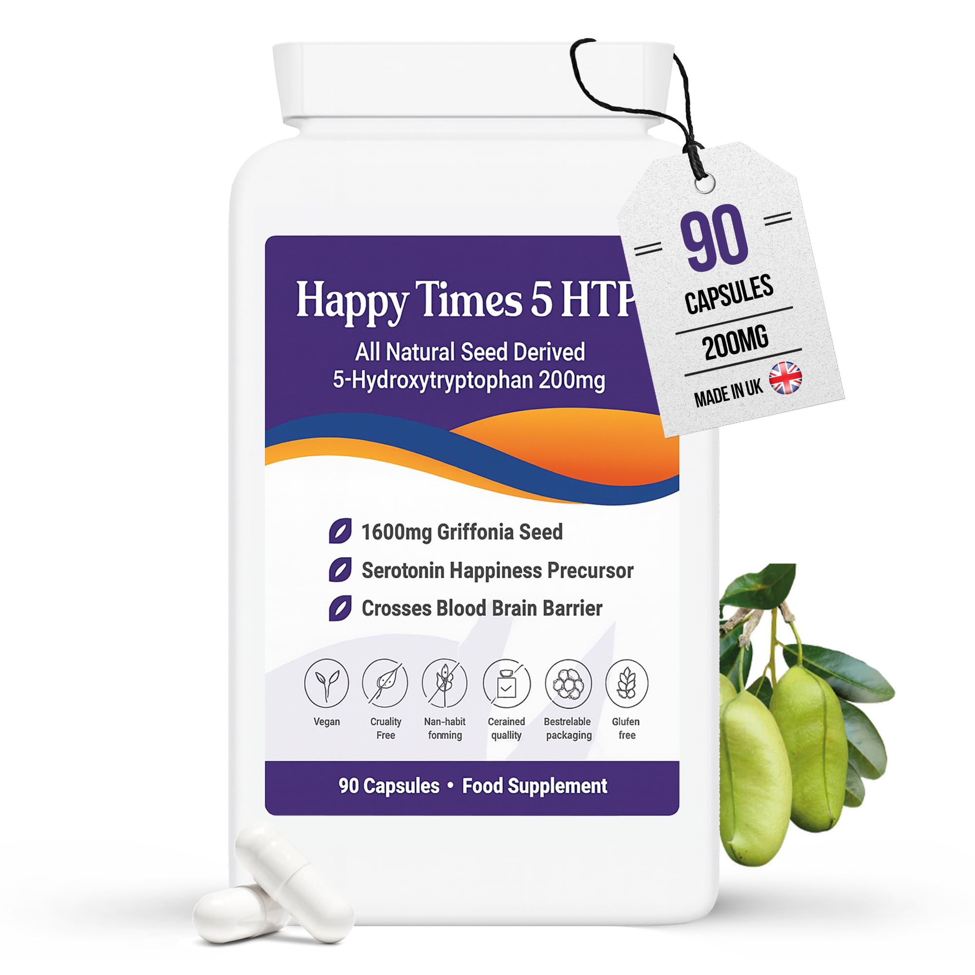 Happy Times Double Strength 5-HTP Supplement (200mg) Amino Acid 5 Hydroxytryptophan -Serotonin Melatonin Happiness Hormone Precursor Natural Griffonia Seed Extract Herbal Healthy Sleeping