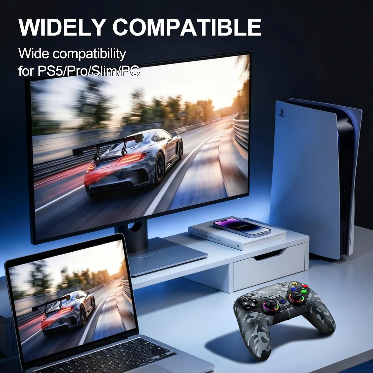 Nonbliep for PS5 Controller, Wireless Controller for PlayStation 5, PS5 Slim/Pro & PC, with 9 Colors RGB Light, Dual Vibration, Turbo, Programmable, 3.5mm Audio Jack & Speaker (Camouflage)