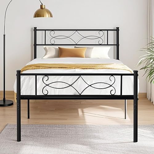 Miniatura 4 de VECELO Marco de cama de plataforma de metal de tamaño individual de 14 pulgadas con cabecero, soporte de listones de acero de alta calidad, no Negro