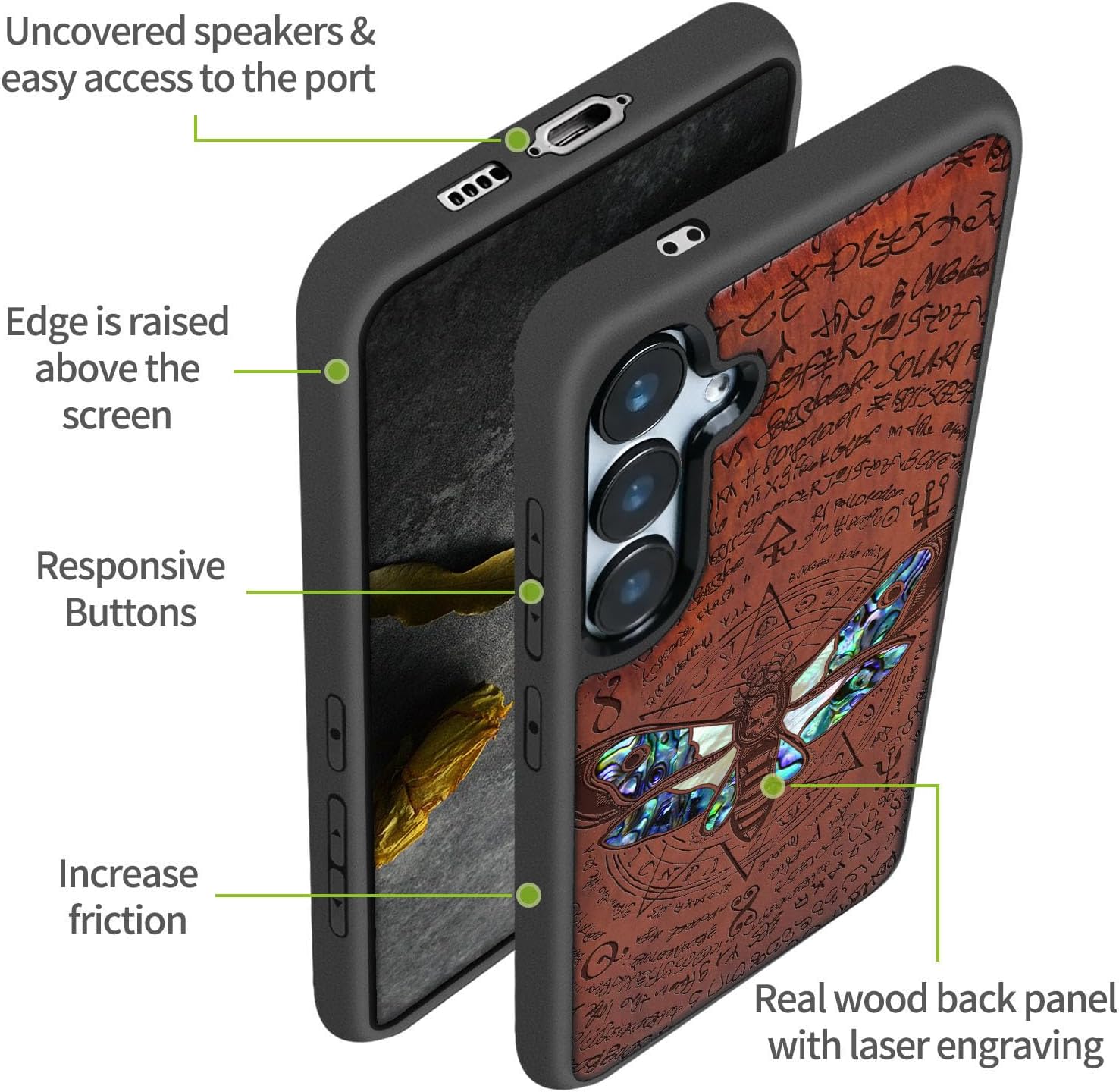 Carveit Designer Wooden Case for Samsung Galaxy S24 FE Case [Wood Engraving & Shell Inlay] Compatible with Wireless Chargers S24 FE Cover (Death's Head Moth-Rosy)