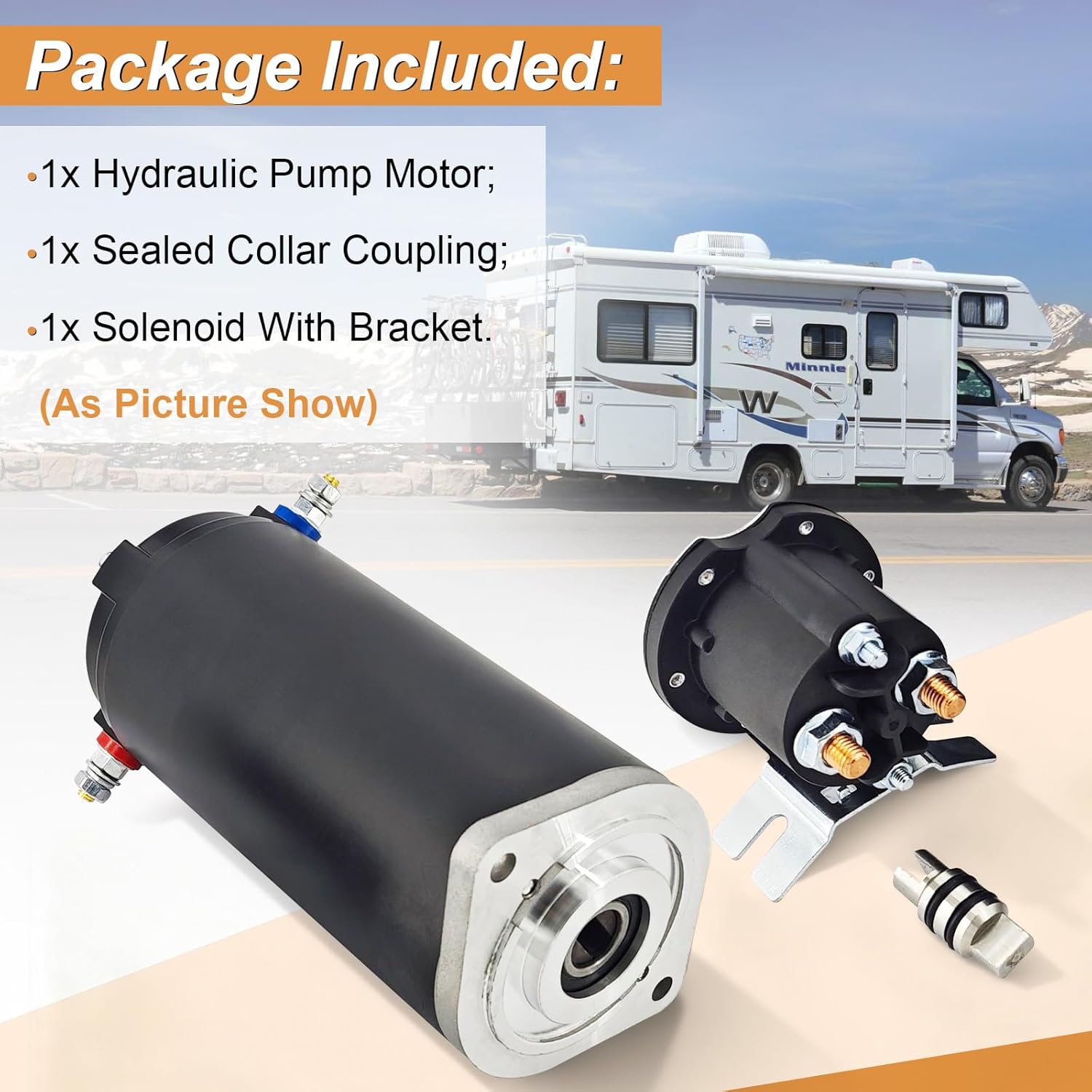Hydraulic Power RV Leveling System Kit, Includes Hydraulic Pump Motor 179327 414850 with Manual Drive, Sealed Collar Coupling 286722 and Hydraulic Solenoid with Bracket 684-1211-212