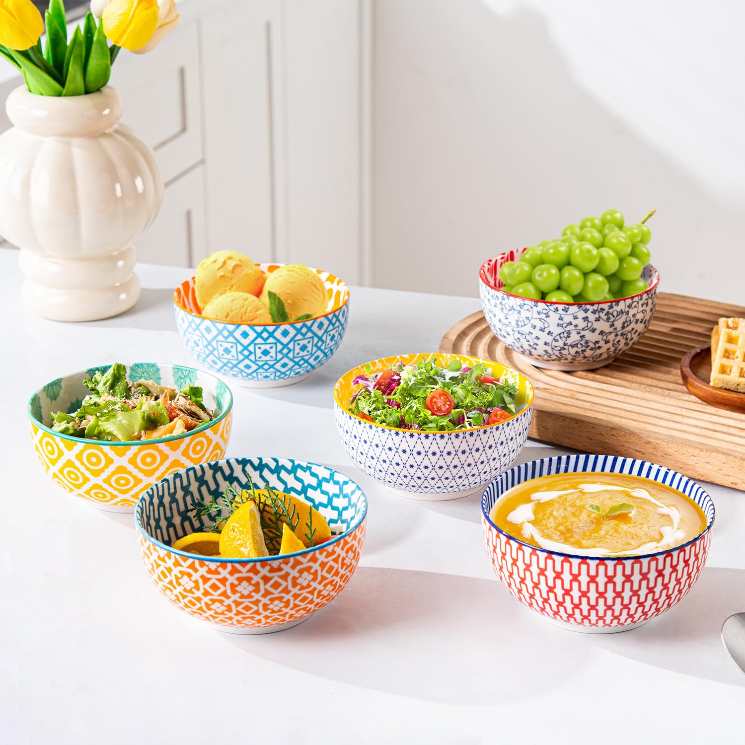 Keramik Dessertschalen Set - 350 ml kleine Müslischale für die Küche - 12 oz Porzellan Eiscreme Schale für Salat, Ramen, Früchte - Mikrowelle spülmaschinenfest - Set von 6 - Bunt