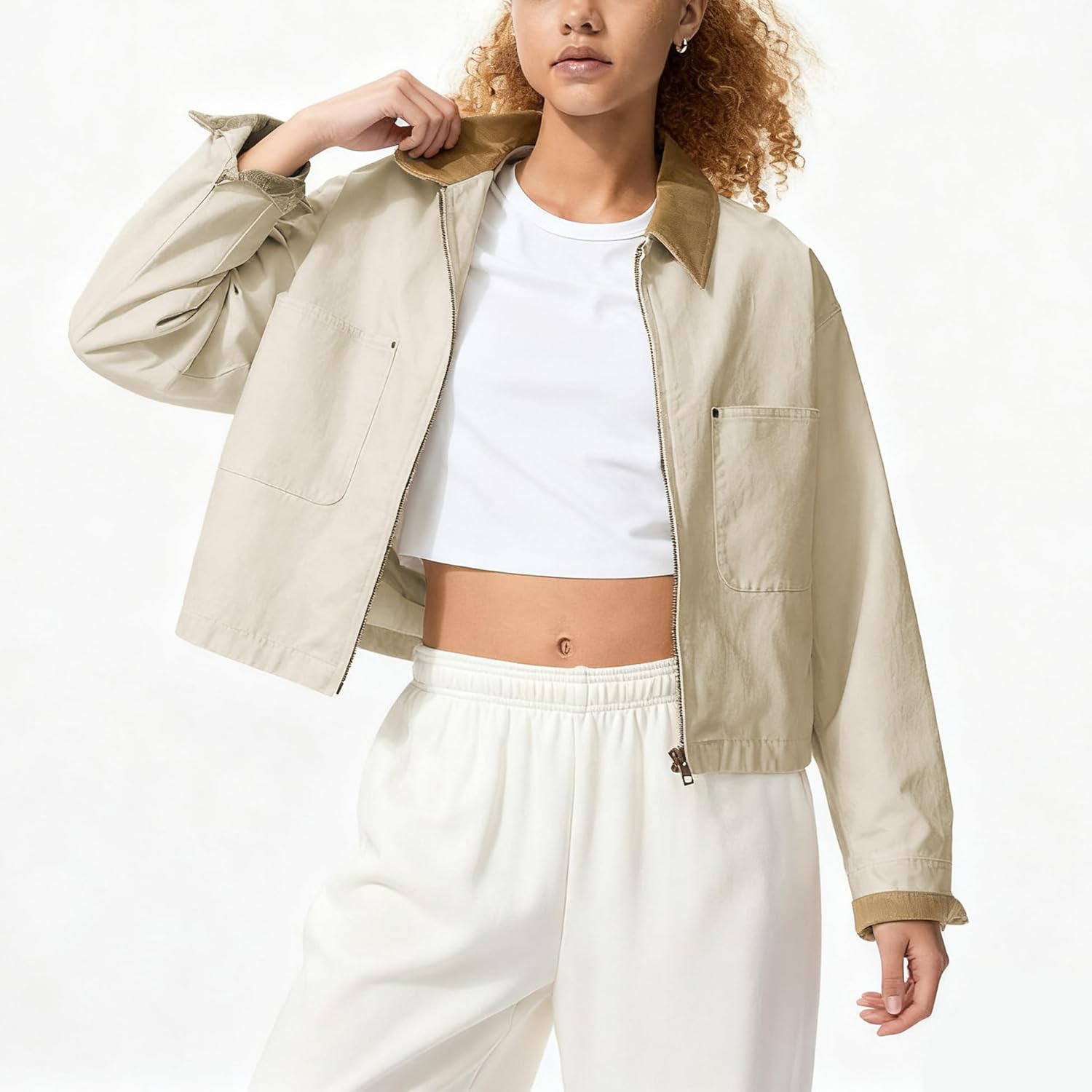 Womens Cropped Bomber Jacket Corduroy Collar Barn Coat Lightweight Utility Zip Up Cotton Canvas Workwear