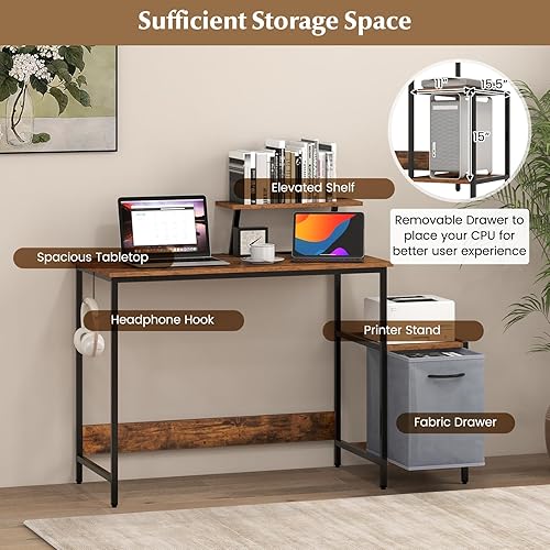 Miniatura 8 de Tangkula Escritorio para computadora con cajón de tela reversible y estante móvil, escritorio de estudio de estilo industrial, escritorio grande