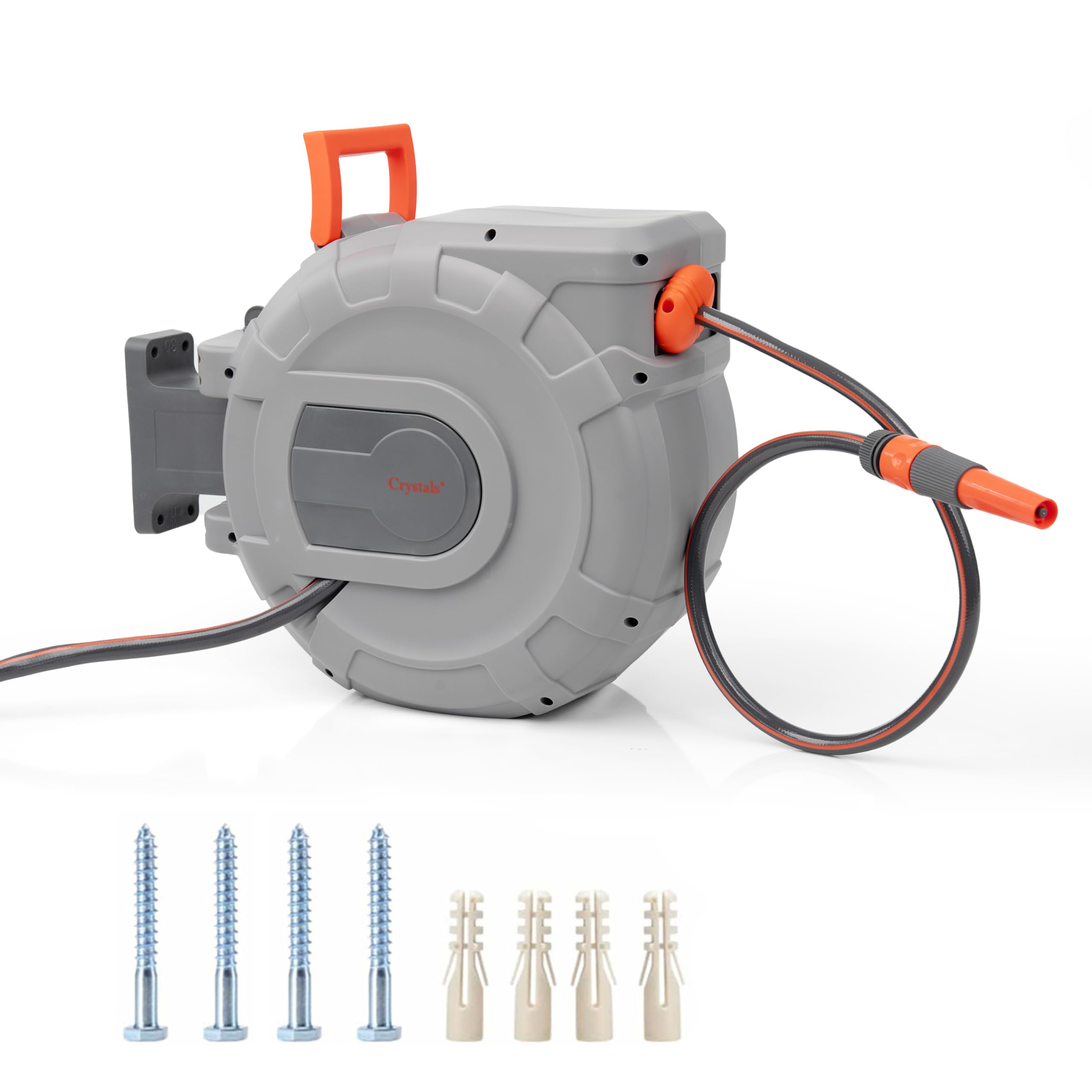 Crystals Grey Hose Reel – Wall Mounted Hose Reels For Garden, Retractable, Auto Lock & Auto Rewind Pipe 180°, Includes Wall Fixings & Ready For Outdoor Use With Nozzle, Accessories, (25M Hose Reel)