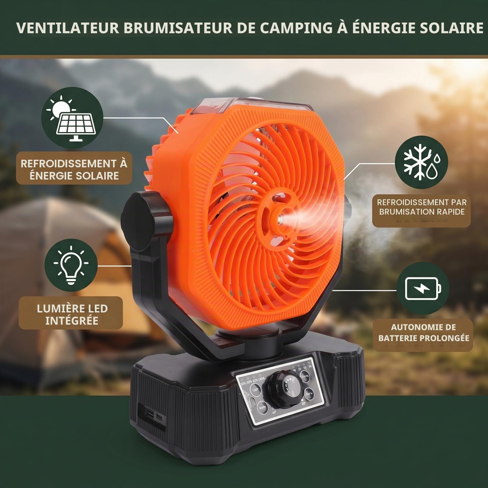 Ausla Ventilateur Brumisateur Solaire, Ventilateur de Refroidissement Portable Rechargeable à 8 Vitesses avec Lumière LED, Réservoir D’eau de 180 Ml, Batterie de 10 000 MAh, pour
