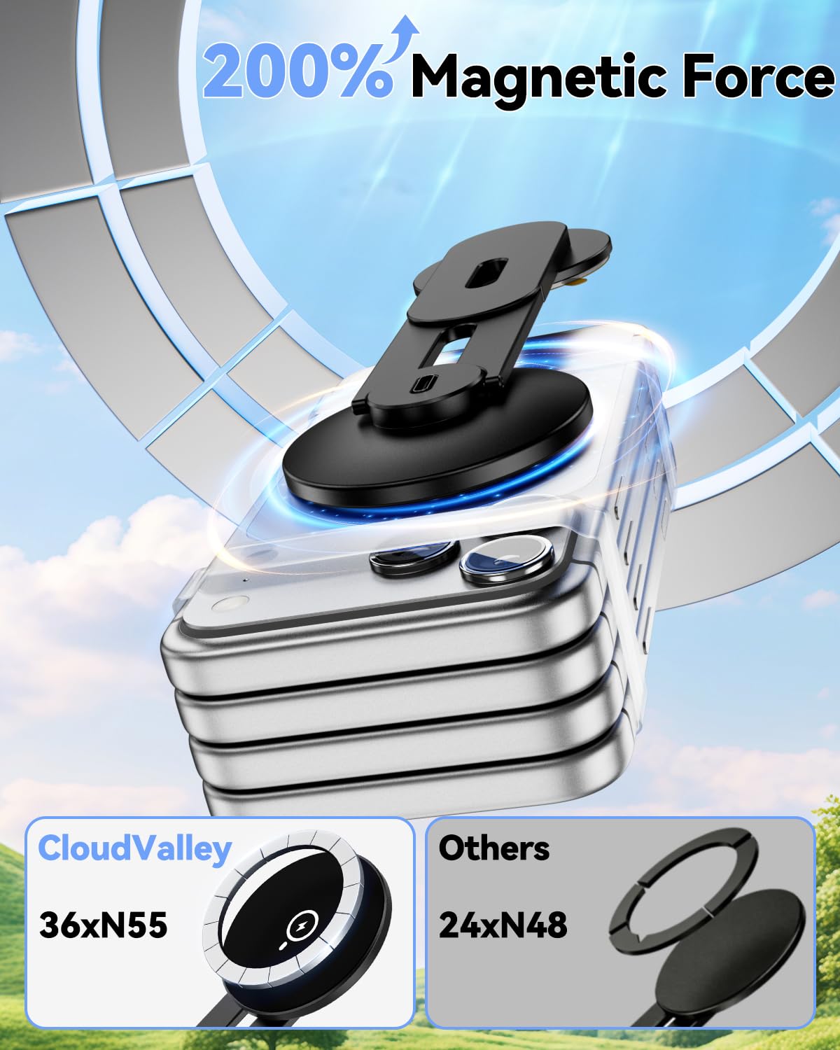 CloudValley Magnetischer Laptop Handy Ständer, 15W Schnellladegerät, 3Dimensionale Verstellbare Kamera Übergabe Zubehör Halterung für iPhone, Faltbarer Halterungsbügel für Tesla PC Monitor, schwarz