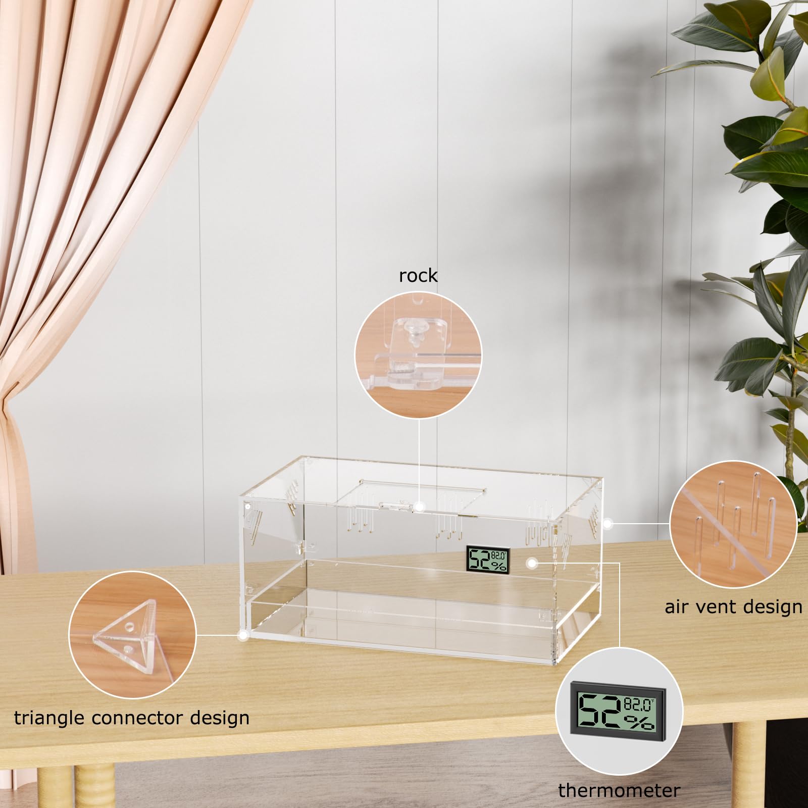 Tanque de terrario para reptiles, terrario de caracoles, grande, acrílico transparente, caja de alimentación para reptiles con higrómetro de temperatura, terario de arañas, caja de cría de