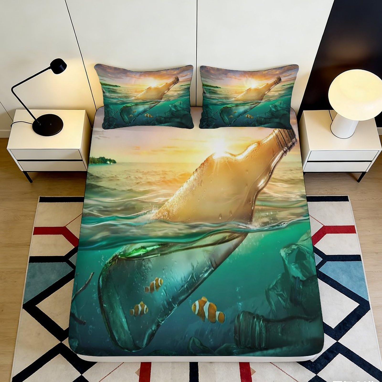 3D Printed Ocean Sunset Fitted Sheet Microfiber Artistic Underwater World Mattress Cover for Bedroom Guest Room Decor 90x200x25cm