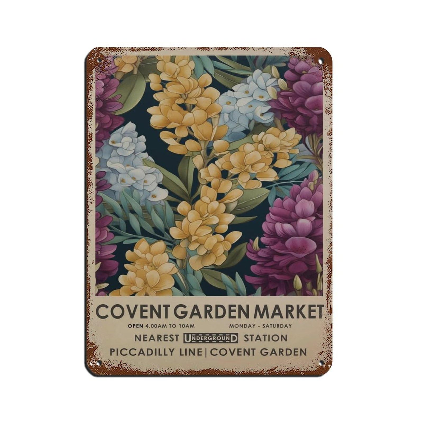 Covent Garden Flower Market, Vintage Yellow Tin Sign Vintage Metal Pub Club Cafe Bar Home Wall Art Decoration Poster Retro 12x16inch(30x40cm)
