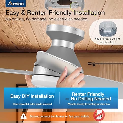 Miniatura 22 de Amico Ventiladores de techo con luces, perfil bajo, control remoto, montaje empotrado, reversible, 3CCT, regulable, silencioso, para dormitorio, uso