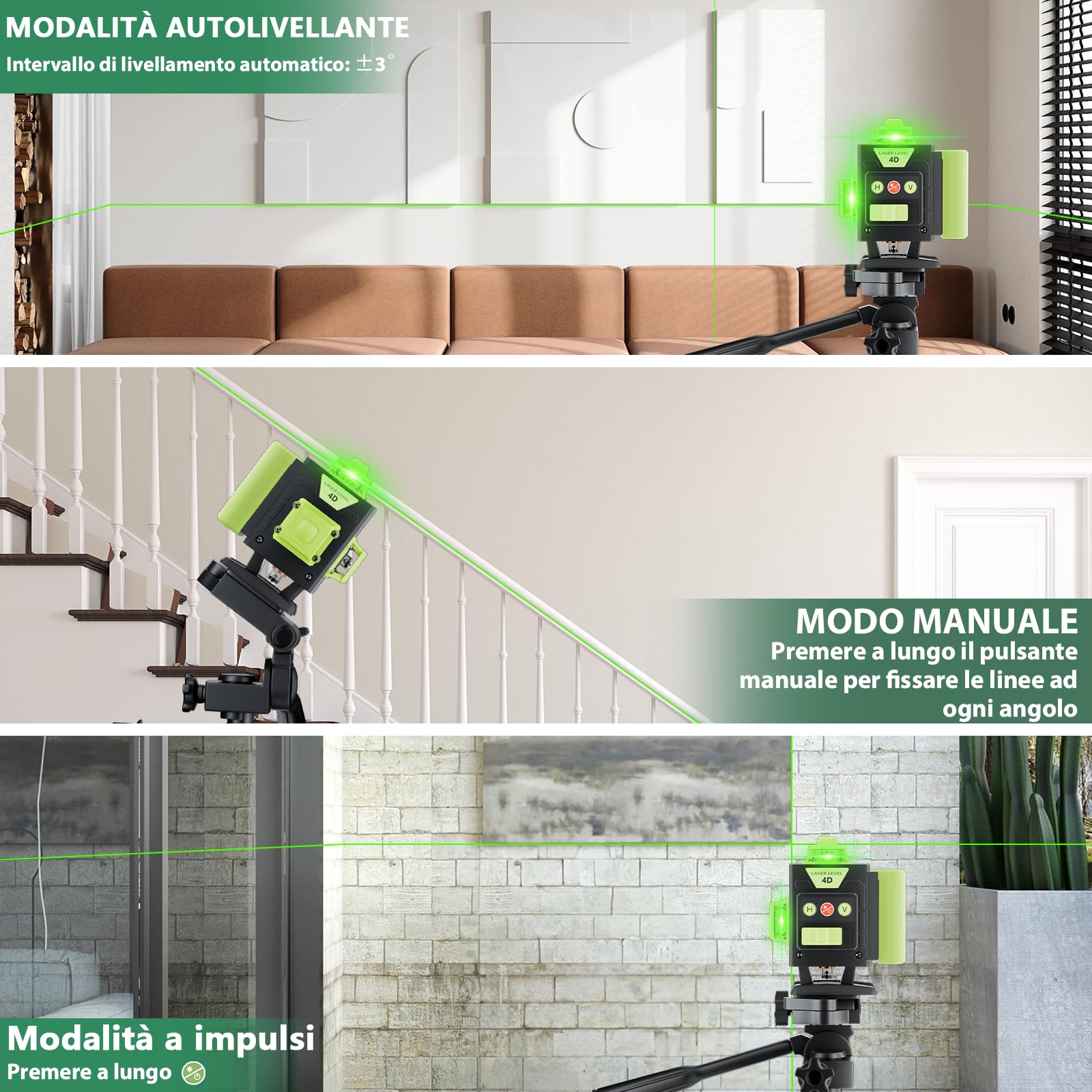 Verde Livella Laser Autolivellante 4x360 °, 16 Linee Livello per lavori di costruzione e per appendere quadri, Telecomando, 2 * batterie