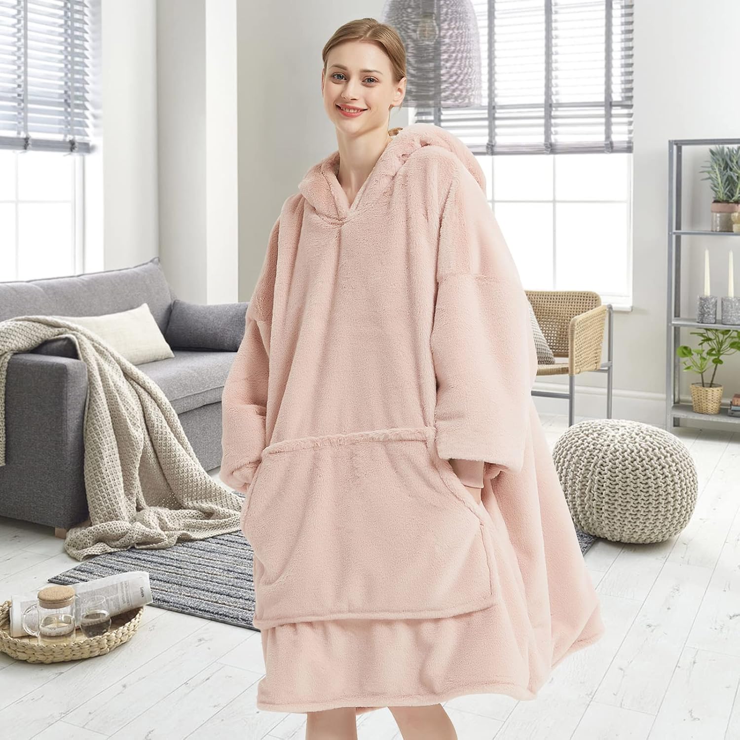 THREE POODLE Wearable Blanket Hoodie, Oversized Sherpa Blanket Sweatshirt for Adults Women Men Kids, Cozy, Warm and Fuzzy Hooded Blanket, One Size Fits All