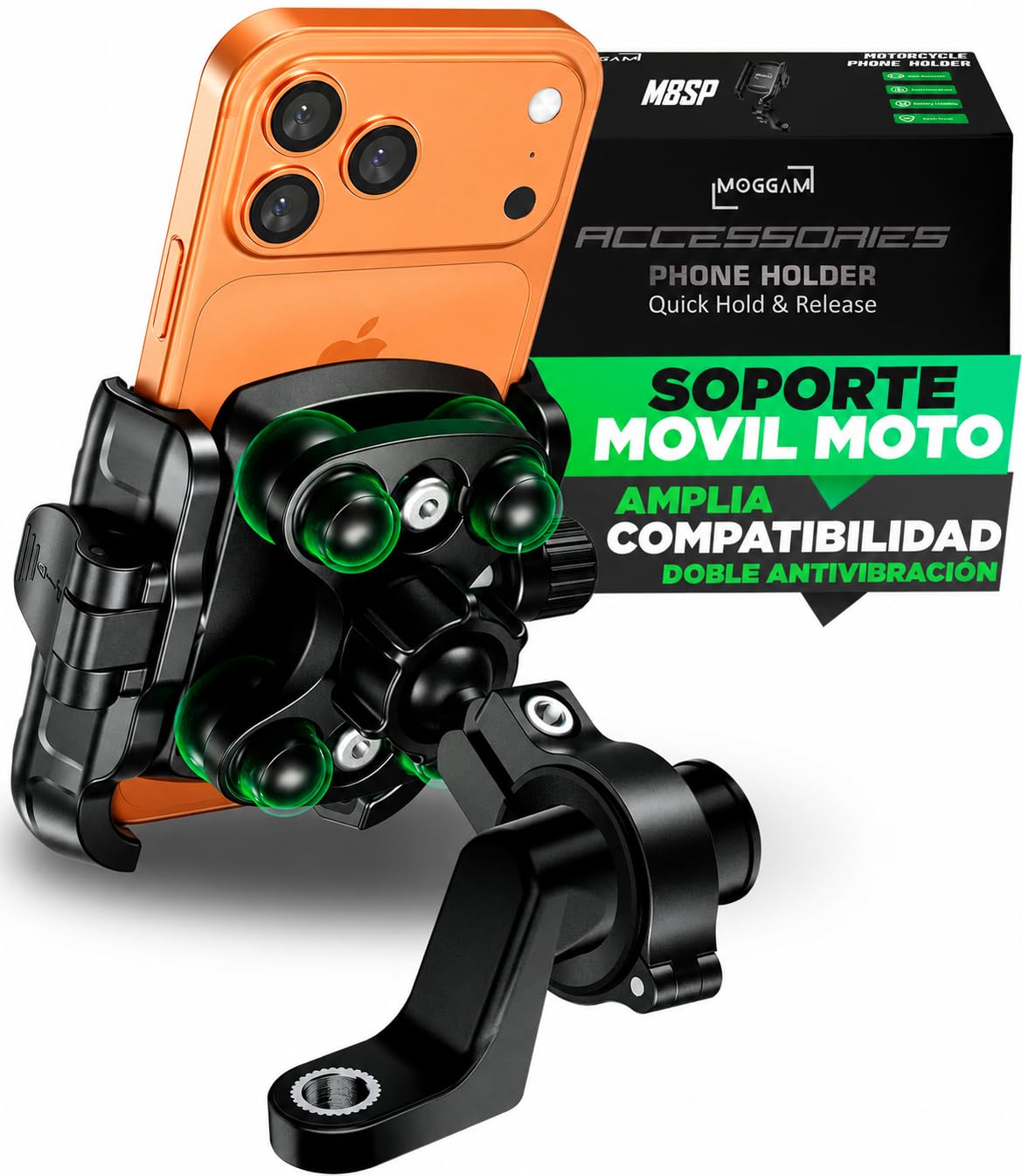 Mobile Stand Motorcycle Anti-Vibration Handlebar and Rearview Scooter Bike | Doble antivibración de silicona. Manillar 22-32 mm o retrovisor con rosca: moto, scooter, bicicleta y patinete eléctrico.
