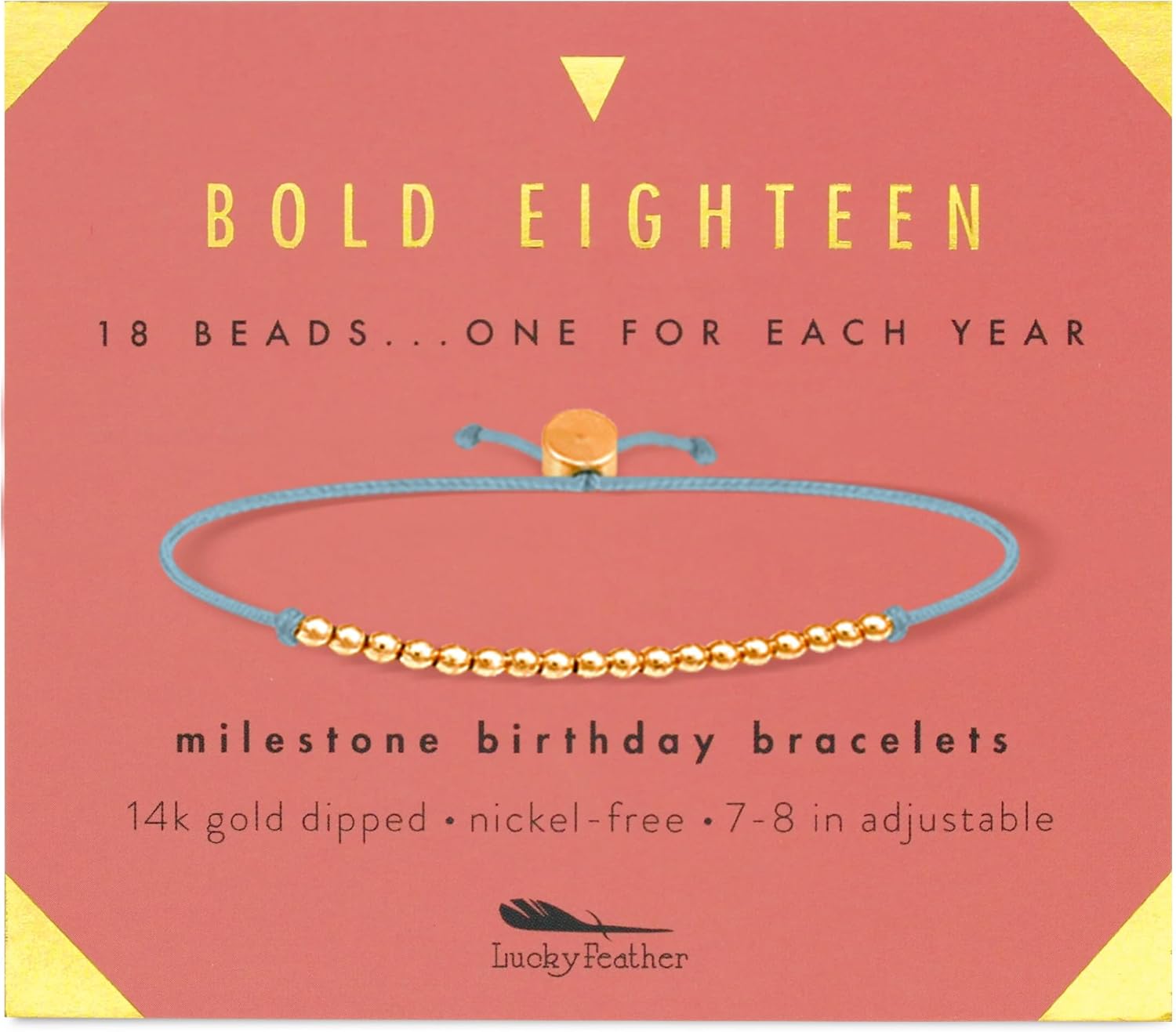 Lucky Feather 18th birthday gifts for girls | bracelet gifts for 18 year old girl | 14K Gold, Rose Gold, or Silver Dipped Beads on Adjustable Cord | Trendy 18 year old girl birthday gifts | 18 Jewelry bracelet