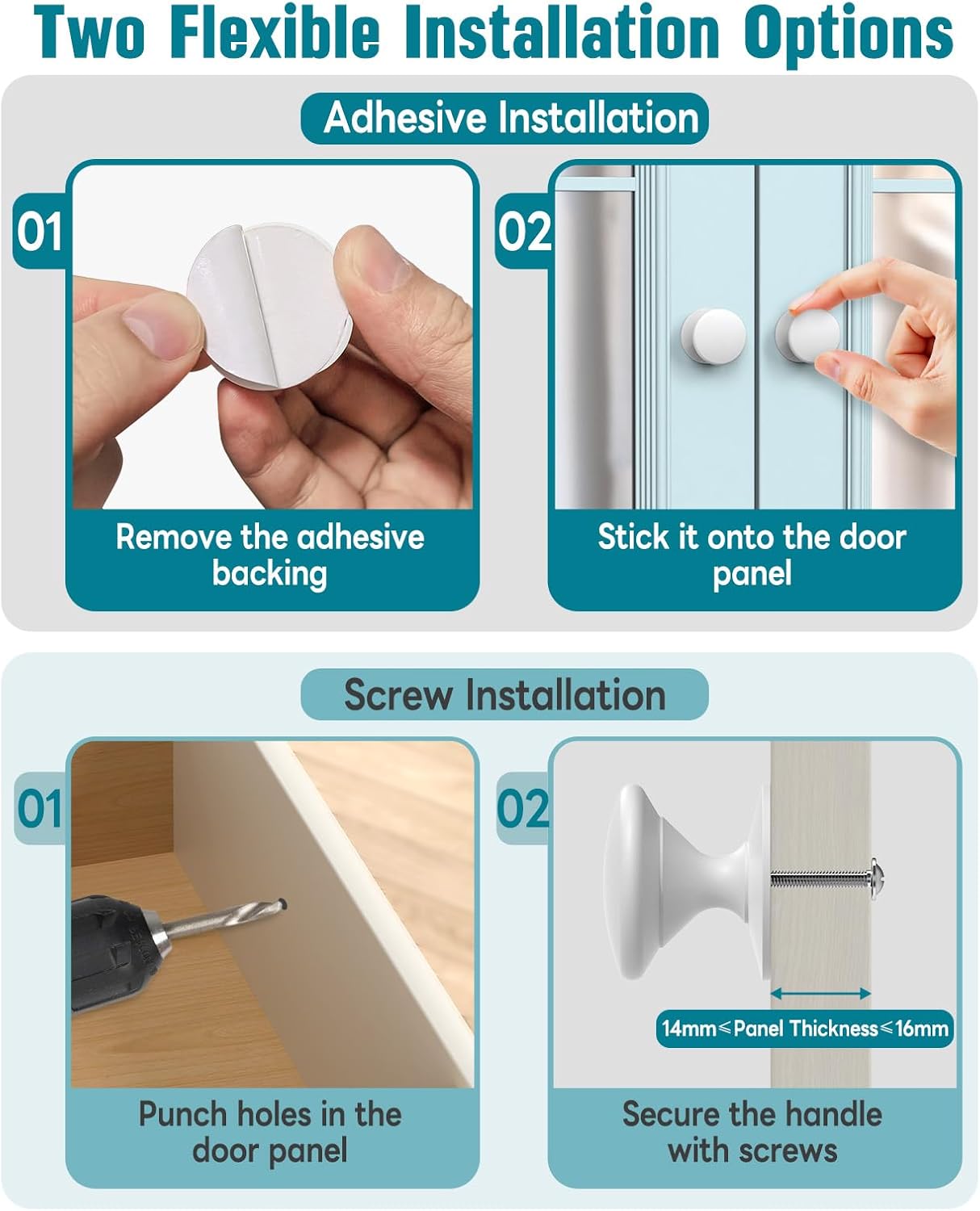 Self-Stick Cabinet Knobs, Aluminum Alloy Self-Adhesive & Drill-Mount Drawer Pulls for Kitchen Cabinets, Cupboards, Dressers, Closets, Sliding Glass Doors - Screws/Stick Install (16, White)