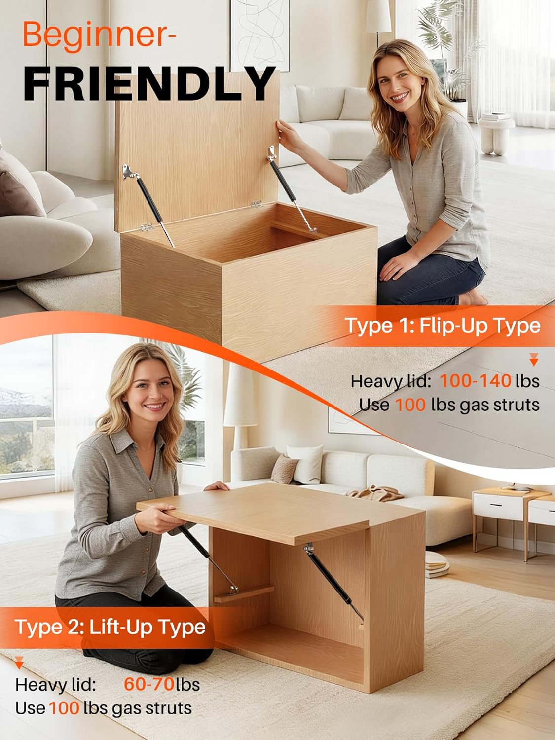 30 inch 100 lbs(100-140 LBS) 445 N Gas Strut Shocks, 30'' Per Prop with Mounting Brackets for TV Cabinets Heavy Duty Lid Cover RV Bed Basement Floor Door, 2 Pack Gas Spring