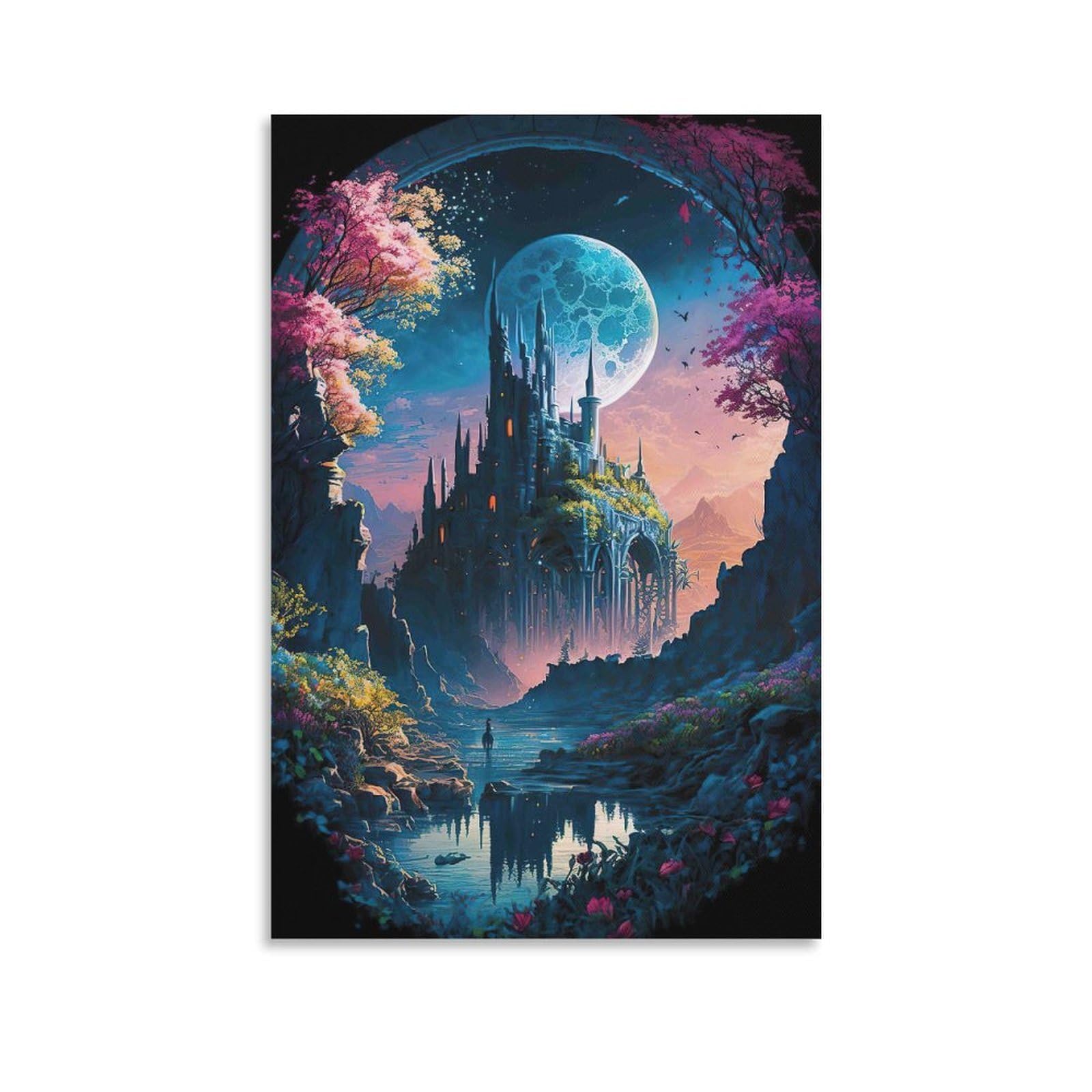 DHBANEIOK Fantasy Castle Moonlight Poster Artwork Canvas Prints Picture Modern Wall Art Picture Wall Hanging for Home Decorations 12x18inch(30x45cm)
