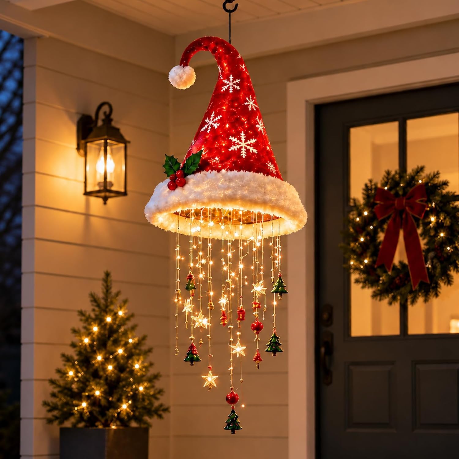 Lighted Santa Hat Chandelier Hanging Glowing Plush Lamp Warm Lights，Red B