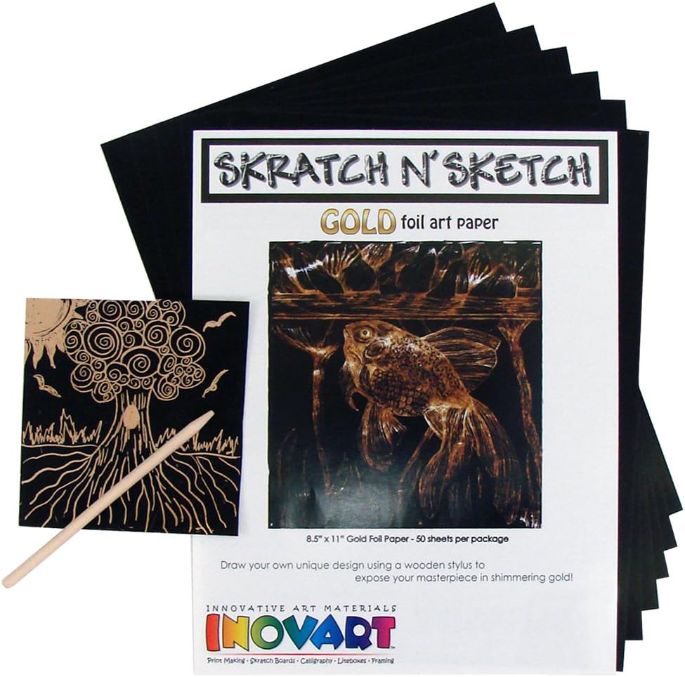 Inovart Skratch n' Sketch Gold Foil Scratch Paper, 50 Sheets