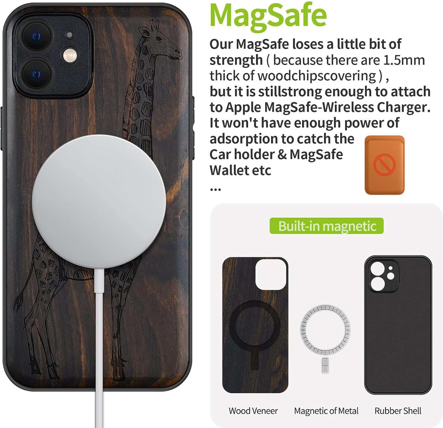 Carveit Magnetic Wood Case for iPhone 12 Case [Natural Wood & Black Soft TPU] Shockproof Protective Unique & Classy Wooden Cover Compatible with MagSafe (Giraffe -Blackwood)