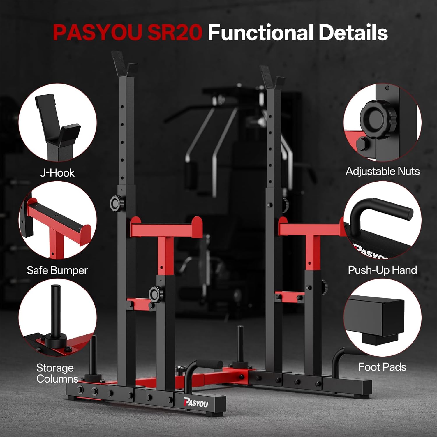 PASYOU Adjustable Squat Rack Stand, 1200 LBS Total Capacity Multi-Function Bench Press Station with Spotter Arms and Push-Up Handles Dumbbell Rack, for Home Gym Strength Training