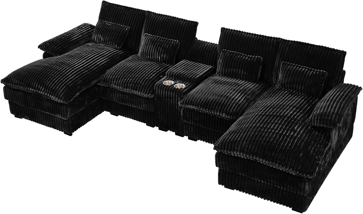 HYJT-H&K 124" U Shaped Cloud Couch Sectional, Comfy Fluffy Plush Corduroy Black Sectional Couches for Living Room, Modern Modular Corduroy Couch Sectionals with Central Console & Double Chaise Lounge 124" Black