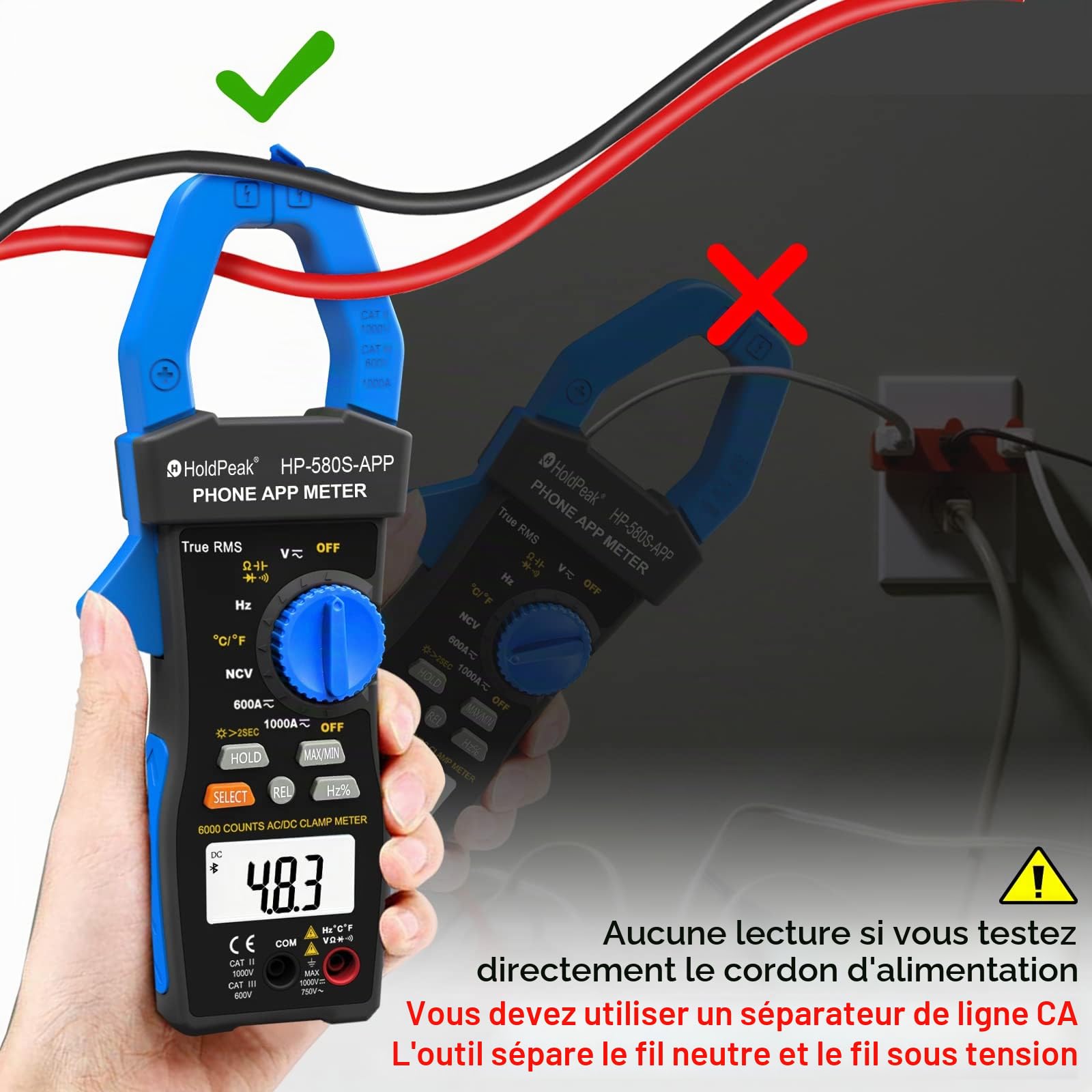 Pince Ampèremétrique Numérique HoldPeak avec APP Connect, TRMS 6000 Points Multimètre HP-580S Auto Ranging, NCV 1000A AC/DC Volt ohm Résistance Capacitance Continuité Température Diode