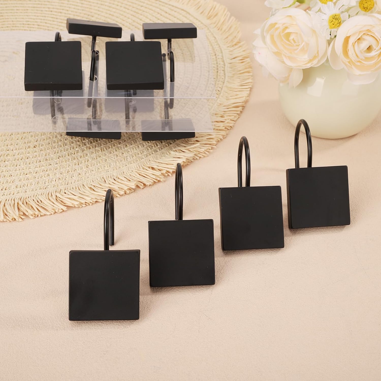 Shower Curtain Hooks, Set of 12 - Matte Black Square Resin Rings, Decorative Bathroom Hardware Hooks