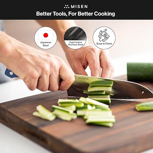 Vista 7 de Misen Cuchillo de chef japonés Santoku, acero inoxidable de alto carbono de 7.5 pulgadas, diseño clásico de cuchillo japonés para cortar, rebanar