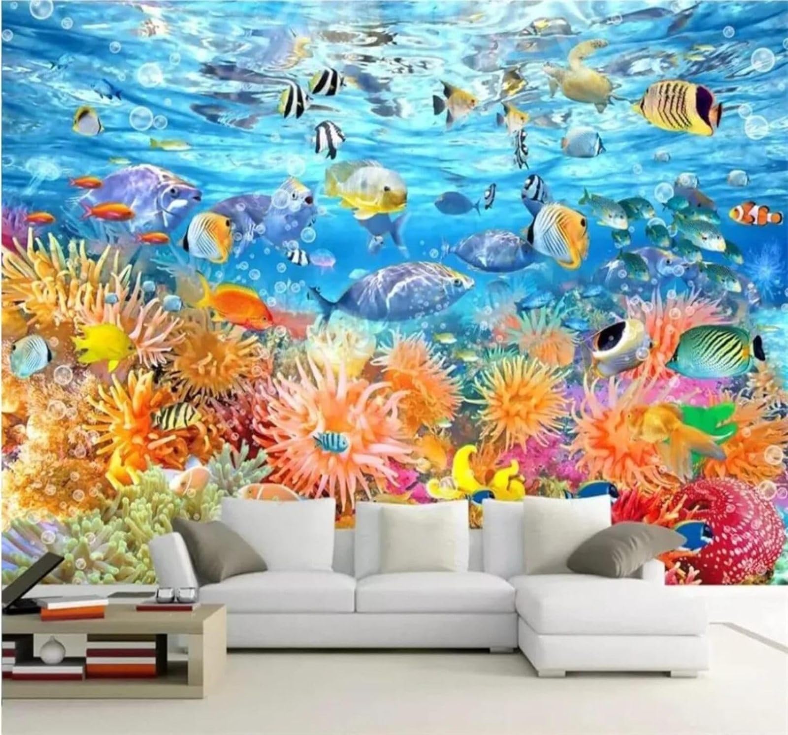 XLMING Beautiful Underwater World Coral Schools of Fish Aquarium 3D Wallpaper Silky Texture Home Study Office Grey Dining Room Sofa Bedroom Living Room TV Backdrop-400cm×280cm