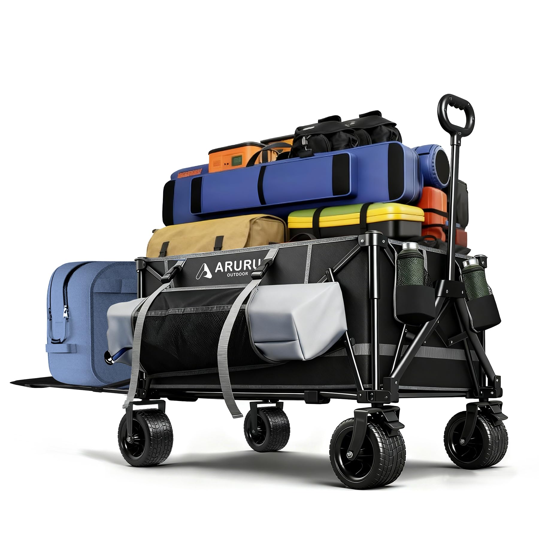 ARURU Festival Trolley on Big Wheels 220L, Heavy Duty Folding Wagon Cart with Tailgate Cup Holders Side Pockets Collapsible Foldable Trolly for Outdoor Beach Garden Picnic Shopping