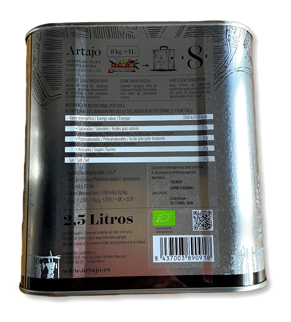Artajo aceite de oliva virgen extra bio organic variedad Arroniz lata de 2,5 L.