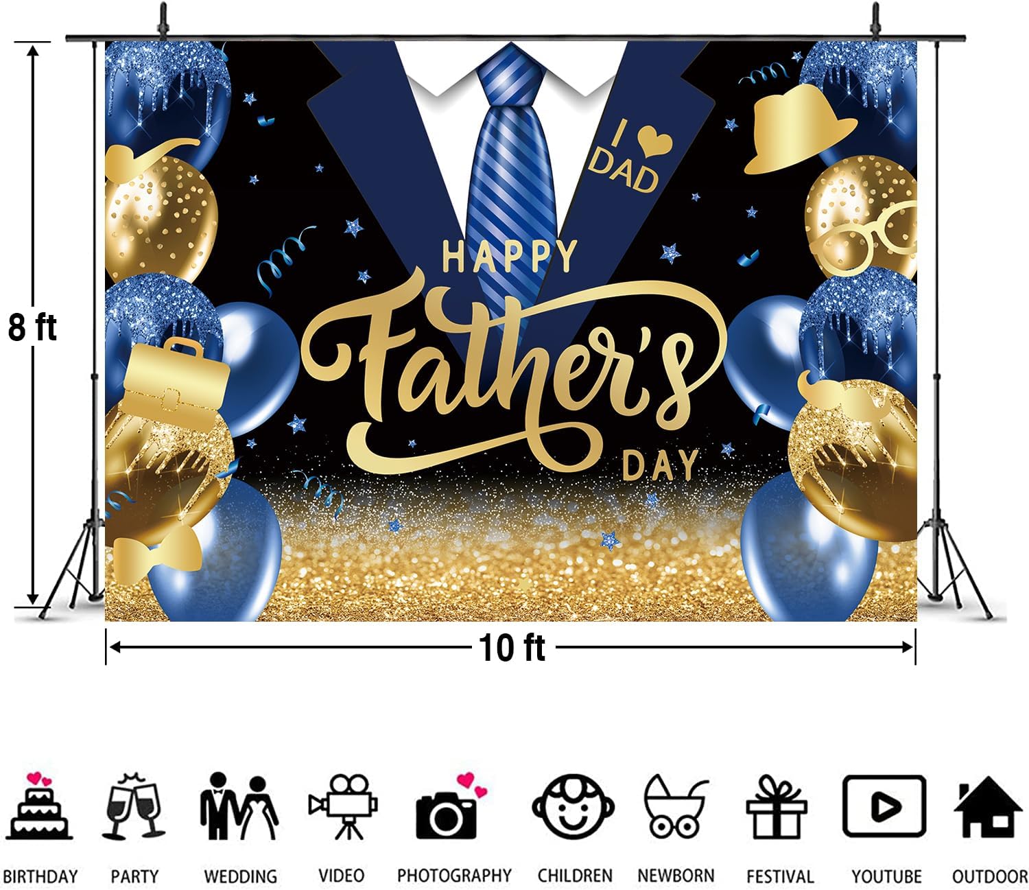 Happy Father's Day Backdrop Blue Gold Glitter Balloon Father's Day Party Background I Love Dad Thank You Daddy Family Festival Photography Decor Supplies (Blue, 10x8FT)