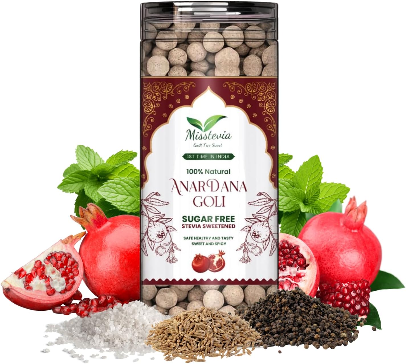 Misstevia Sugar Free Anardana Goli (110g) | Stevia Sweetened Sweet & Spicy | Digestive Mukhwas | Mouth Freshener | Made with Anardana Seeds | No Added Sugar