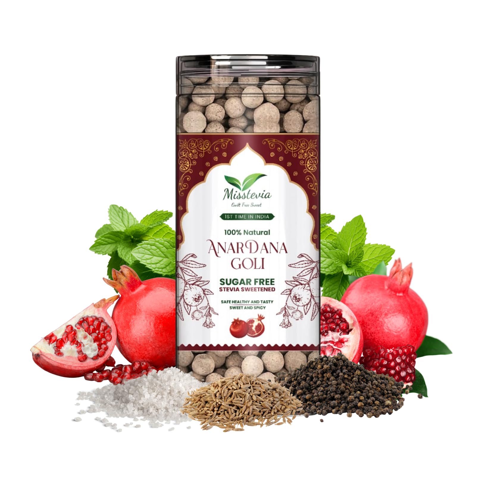 Misstevia Sugar Free Anardana Candy Sweet and Spicy | Sweetened With Stevia | Made Of Fresh Anardana Seeds | Guilt Free Mouth Freshener | Natural and Guilt Free Mukhwas 110gm