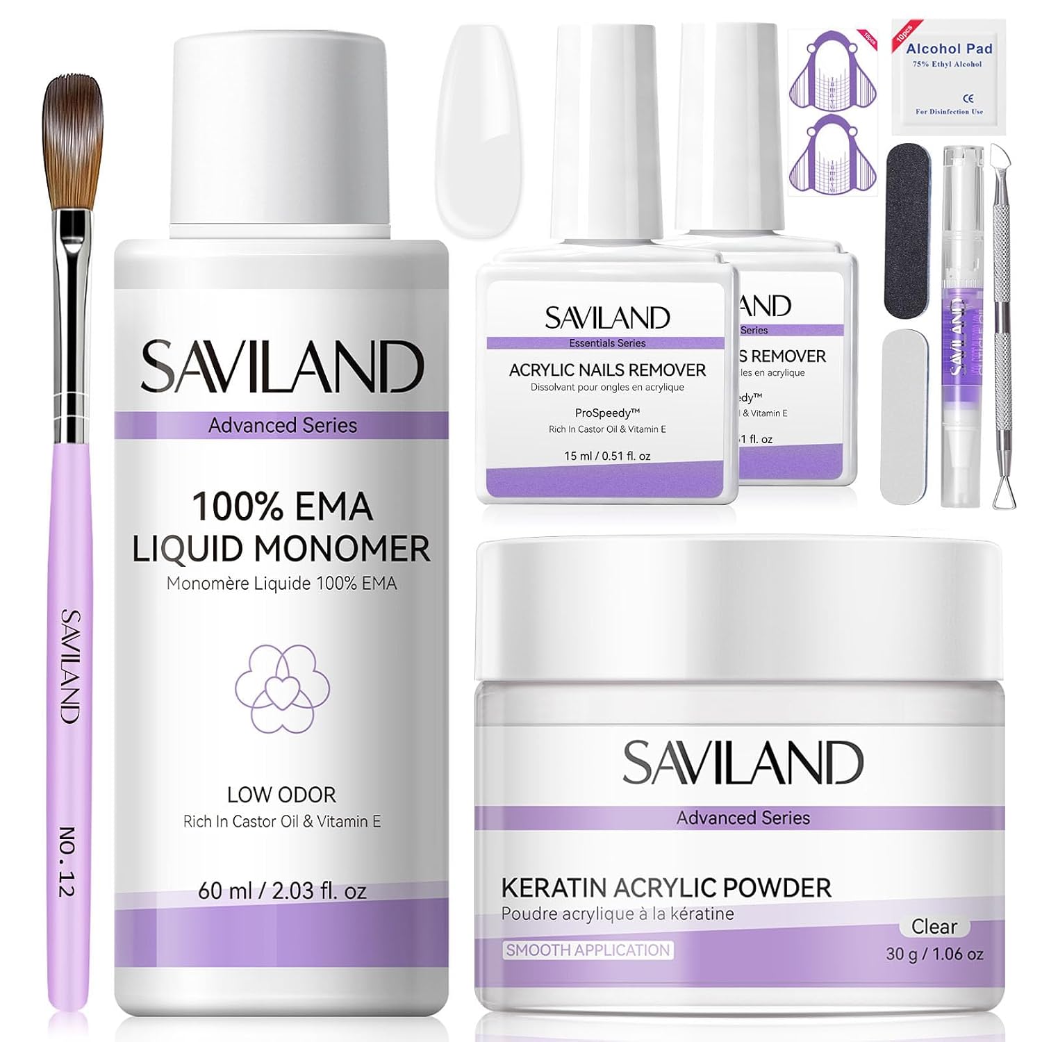 SAVILAND Acrylic Nail Kit for Beginners: 30g Clear Acrylic Powder and Liquid Set with 2PCS Non-Soaking Acrylic Nail Remover Kit & Tools Starter Practice Set for Home DIY & Salon Use