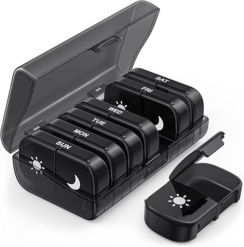 PULIV Extra Large Weekly Pill Organizer 2 Times a Day, One-Side Open Pill Box 7 Day for Easy Filling, Black Privacy Protection AM PM Pill Case for