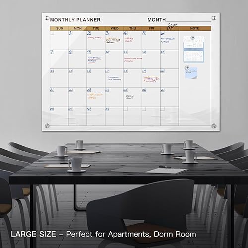 Miniatura 2 de SELEAD Pizarra blanca con calendario magnético de cristal, 32 x 48 pulgadas, pizarra blanca grande de borrado en seco, planificador mensual sin