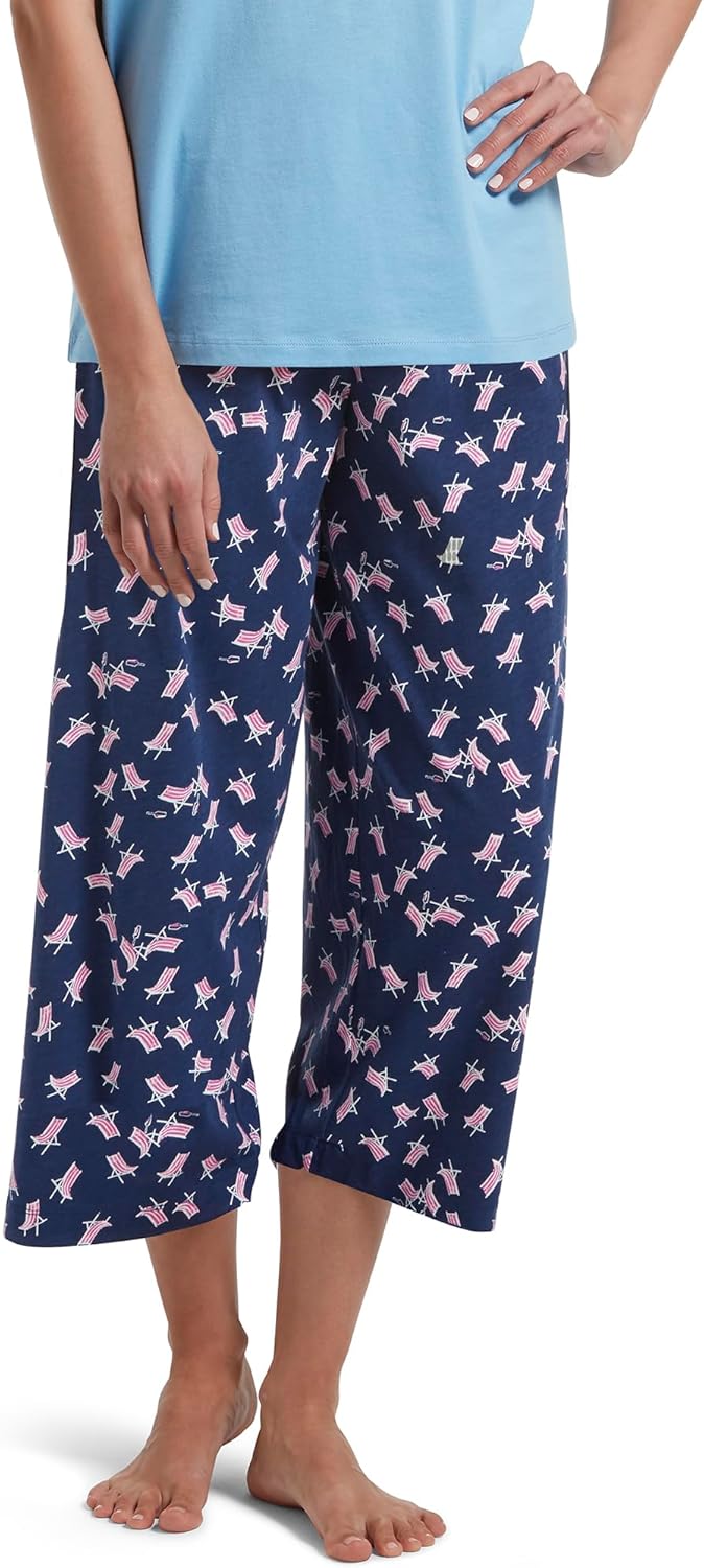 HUE womens Basic 2 Piece Pajama Set V-neck Tee and Printed Knit Capri Pant Made With Temperature Control Technology - Image 5