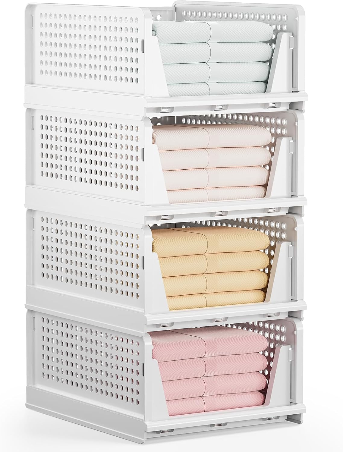 Mavivegue 4 Pack Stackable Closet Storage Basket,Stackable Plastic Drawer Basket,Stackable Storage Bins For Clothing,closet organizer Cupboard,Bedroom, Kitchen, Bathroom, Office White