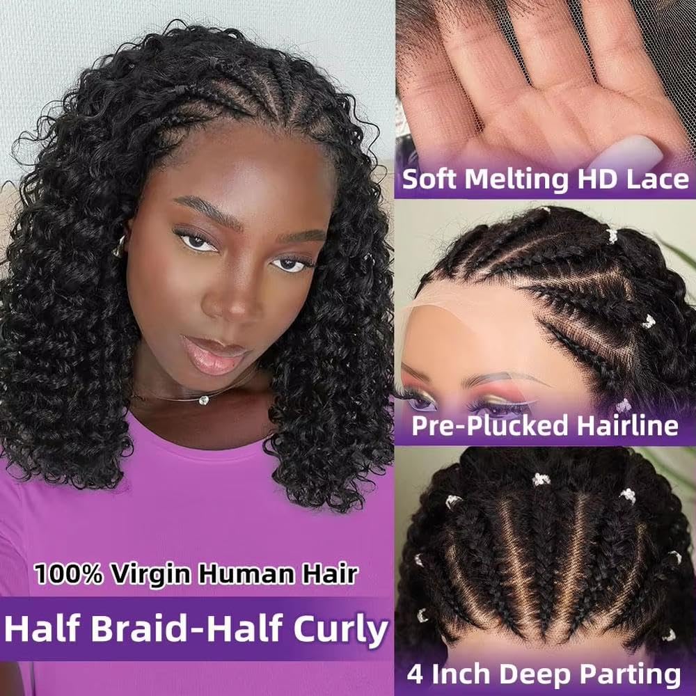 Haarpflege Cornrow Braid Bob Tiefes Lockiges Echthaar-Perücke Knotenlos 13 X 4 Volle Spitze Vorgeflochten Für Frauen(200%,10inches)