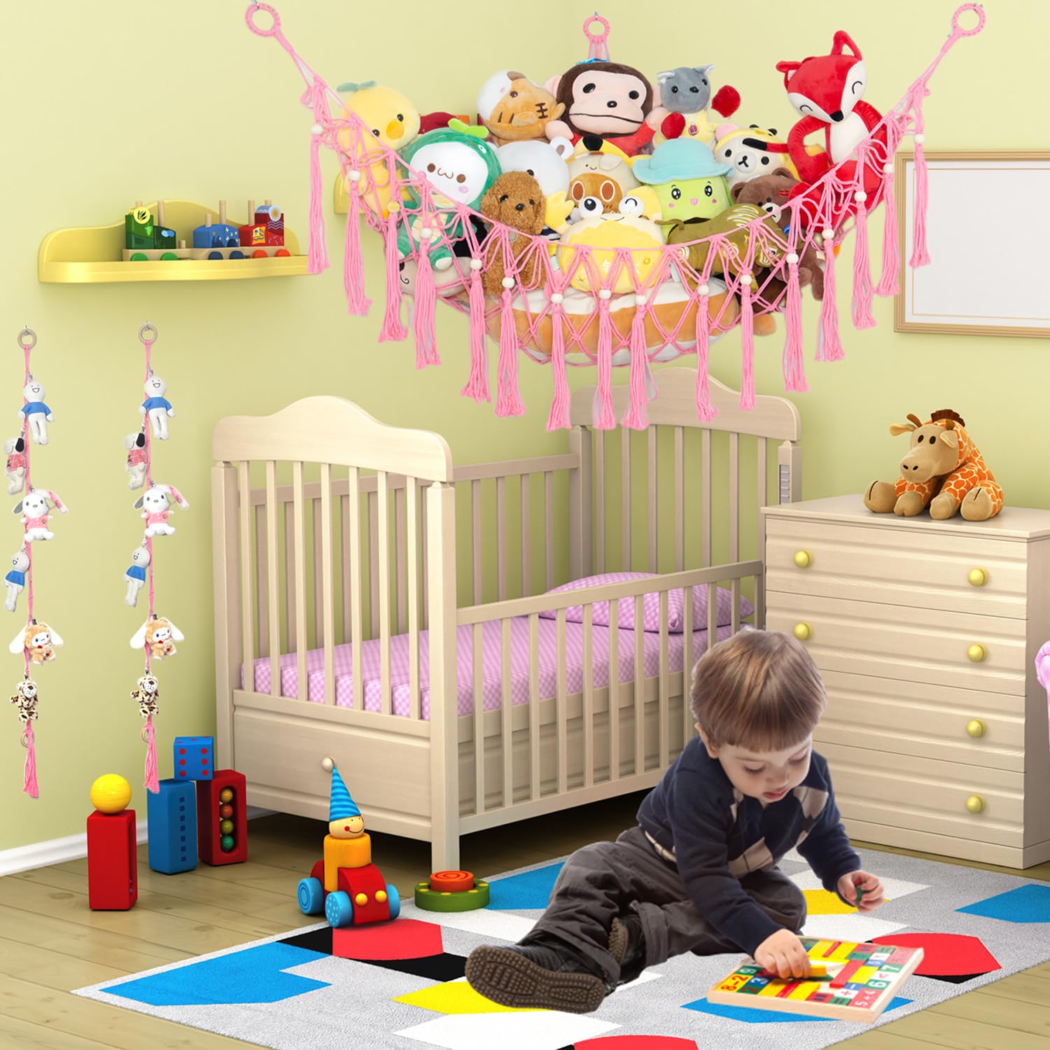 Red Para Peluches WUFANC: Organizador Colgante Macramé Con Borlas, Ahorra Espacio En Habitaciones Infantiles (2 Unidades, Triángulo 140cm)