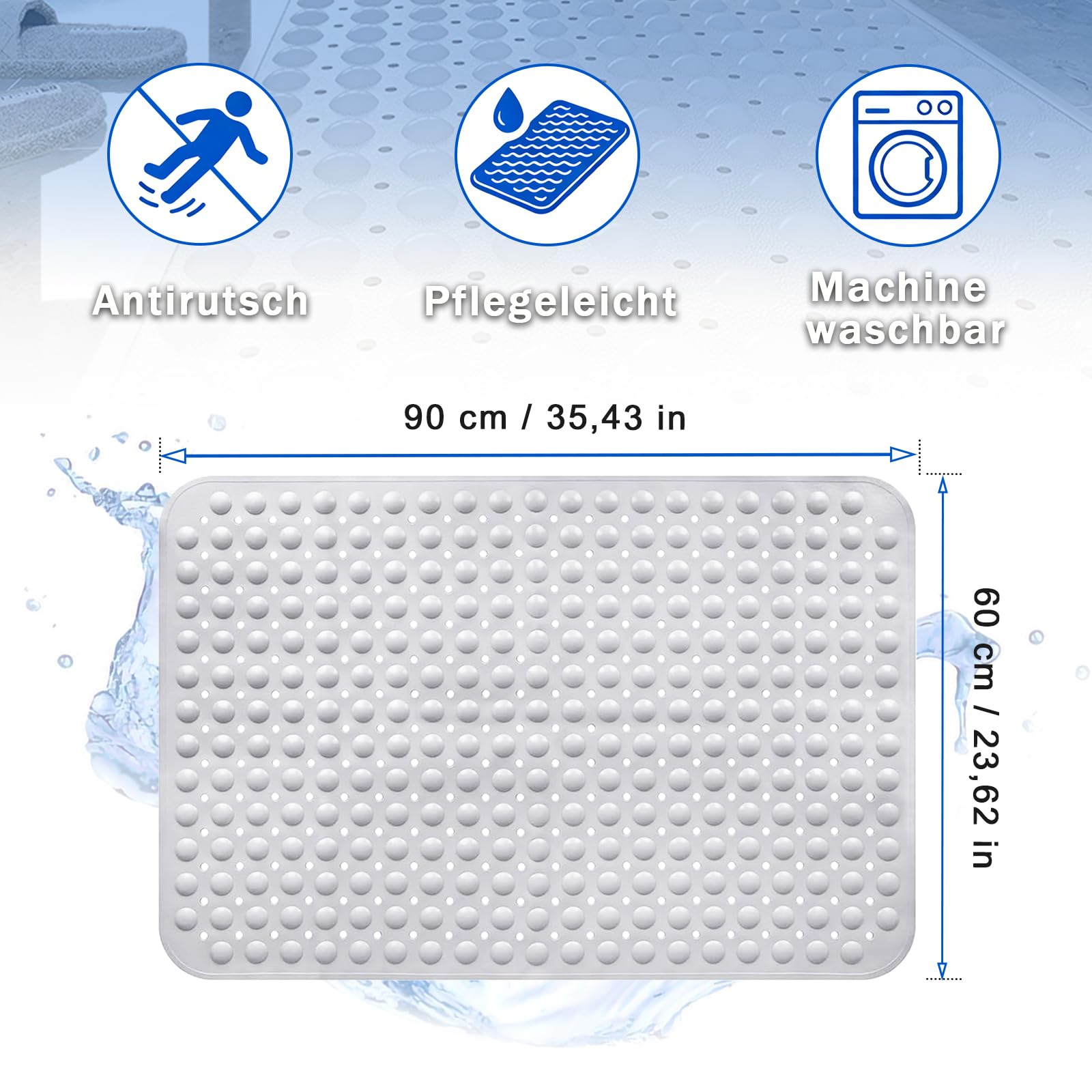 Tappetino Doccia Antiscivolo, 60 x 90 cm Tappetino da Doccia Antiscivolo, Tappeto da Bagno Lavabile in Lavatrice, Tappeto da Bagno con Ventose e Fori di Scarico, per Doccias (Bianco)